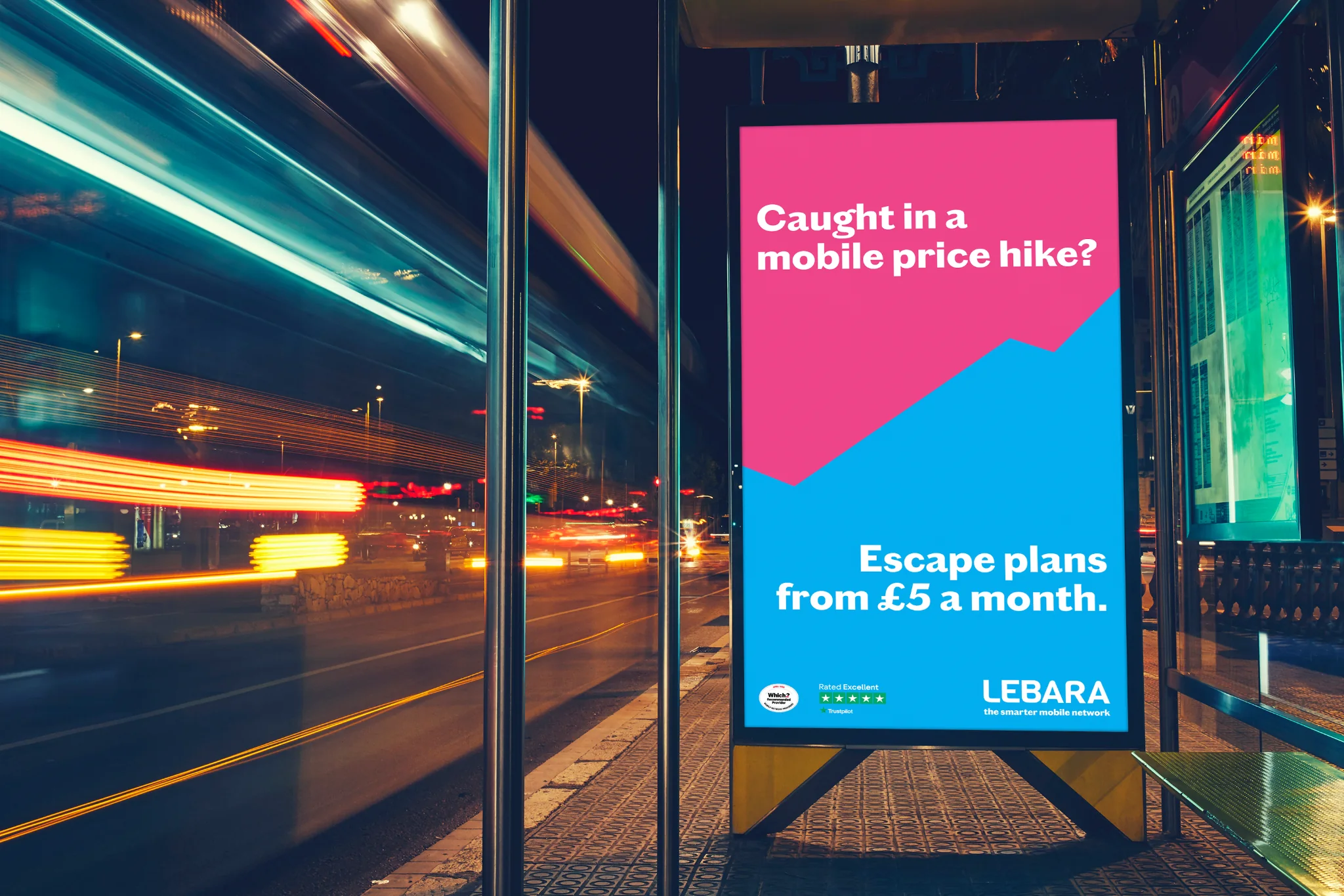Lebara no-price-rise bus shelter advertising, 2026.